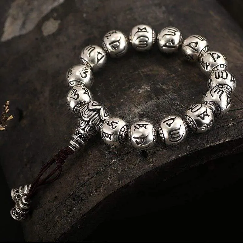 Solid S990 Silver Round Bead Buddhist Bracelet Carved Tibetan Prayer Mantra Om Mani Padme Hum Rope Chain Handmade Religion Gift