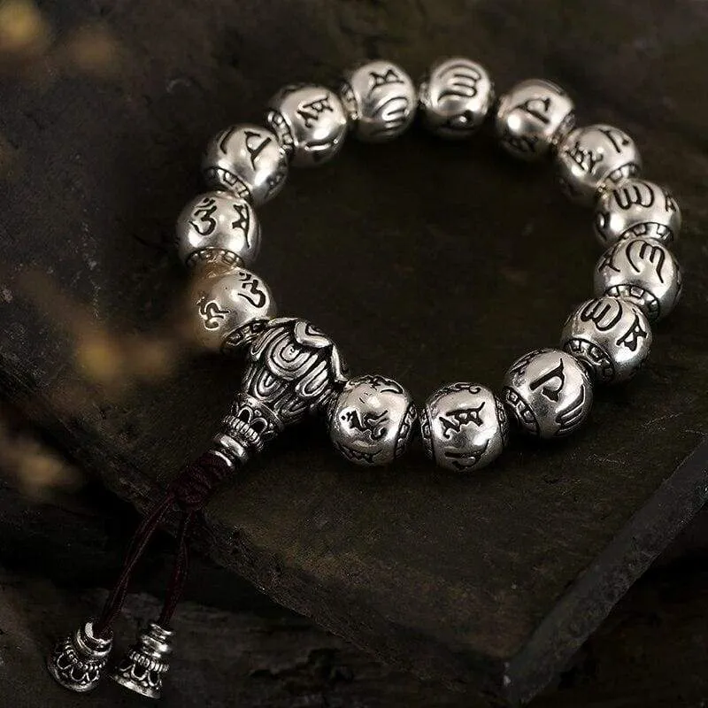 Solid S990 Silver Round Bead Buddhist Bracelet Carved Tibetan Prayer Mantra Om Mani Padme Hum Rope Chain Handmade Religion Gift