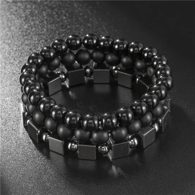 Three-piece black iron stone bracelet