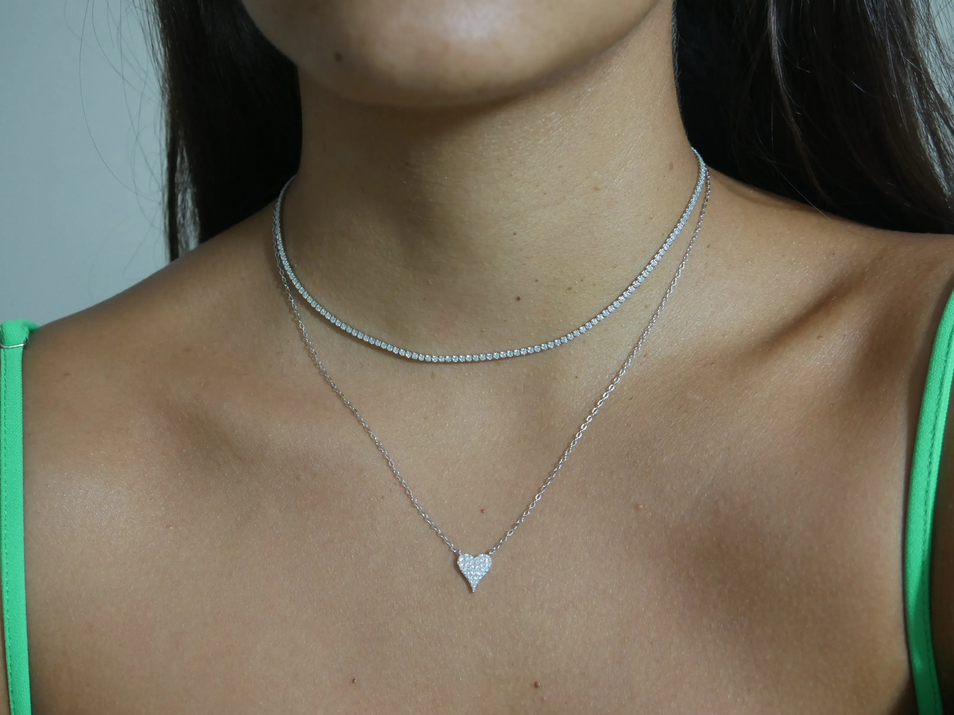 Tiny Heart Dainty Necklace, .925 Sterling Silver Pave Diamond Cubic Zirconia Dainty Statement Necklace