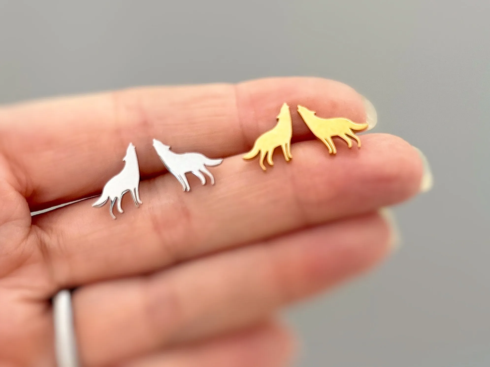 Tiny Wolf Earrings dainty small studs in silver, gold, rose gold cartilage earrings