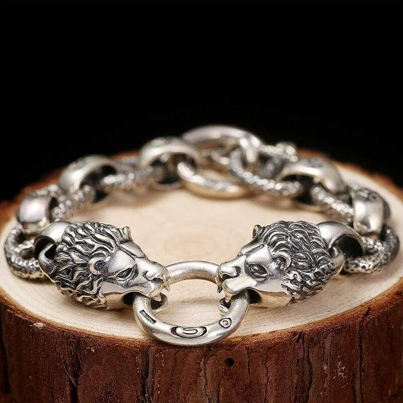 Two Fiery Lions Howling Silhouette 925 Silver Bracelet Animal Link Chain Vintage Rock Gothic Solid Sterling Silver Armband