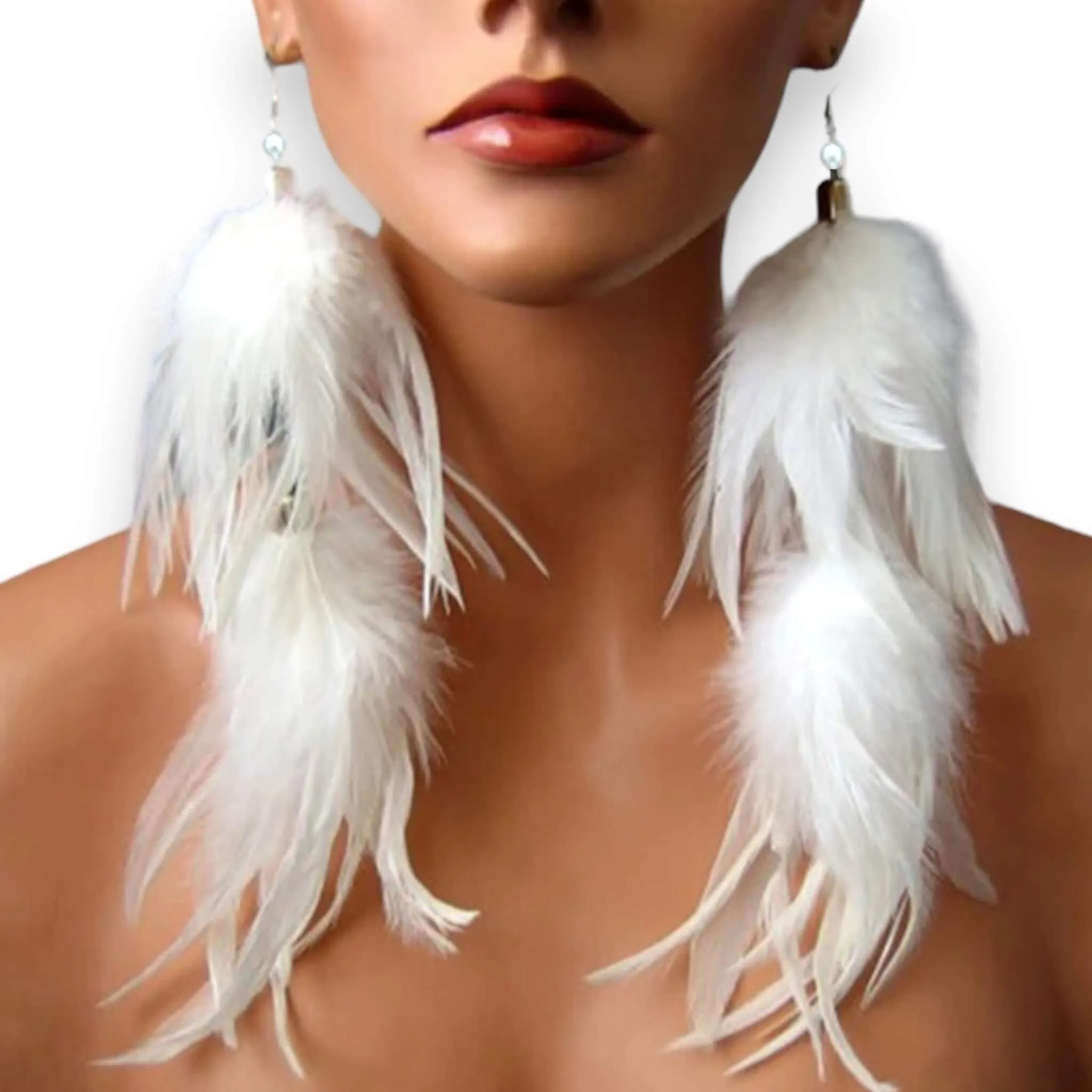 White Feather Long Tassel Earrings